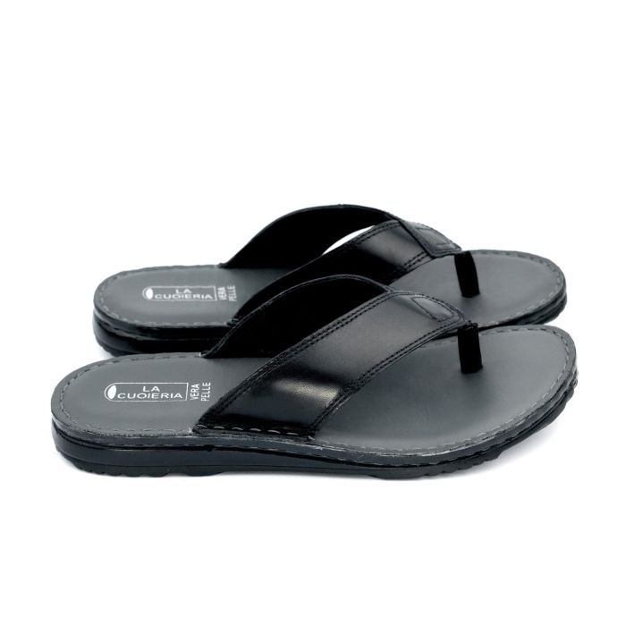 LA CUOIERIA Men Comfort Black Leather Flip Flops