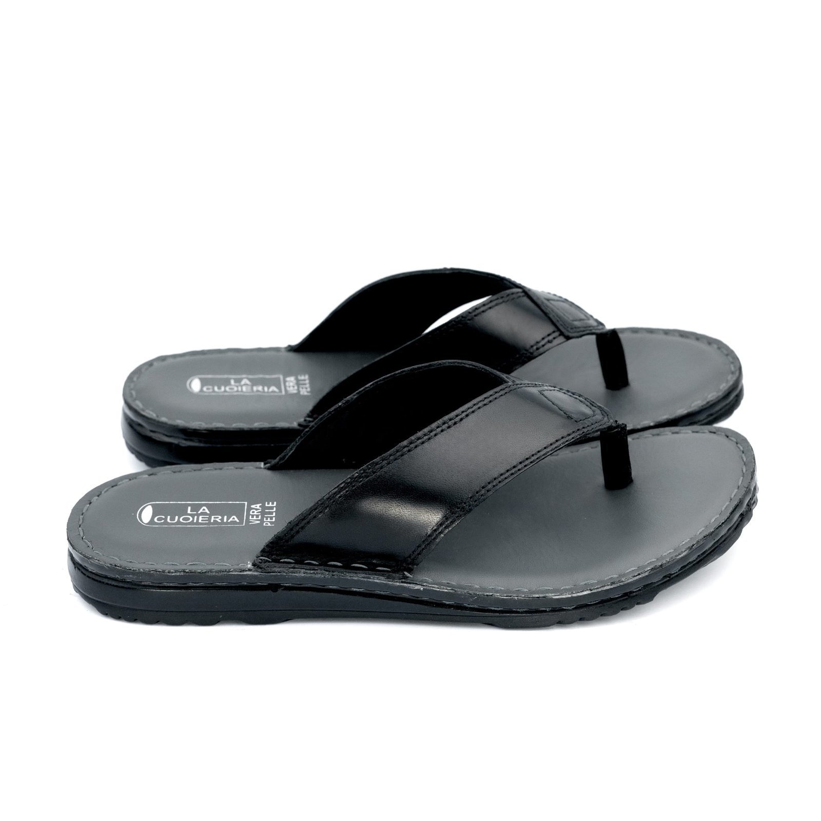 LA CUOIERIA Men Comfort Black Leather Flip Flops