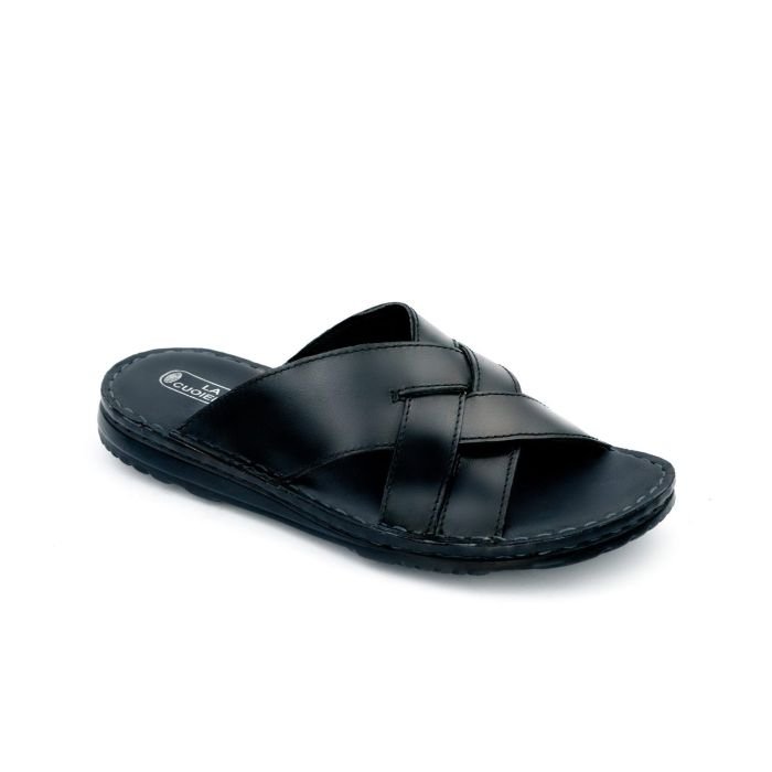LA CUOIERIA Men Cross Strap Black Leather Slipper