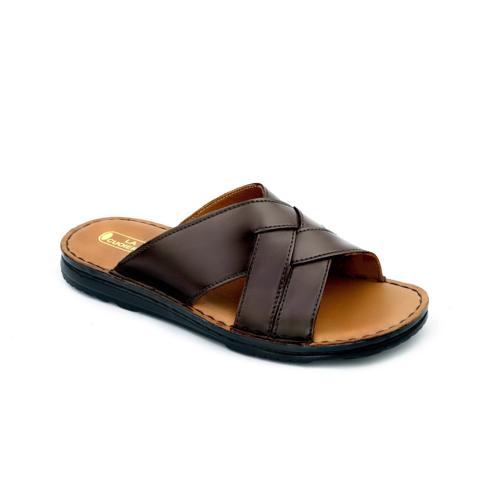 LA CUOIERIA Men Cross Strap Brown Leather Slipper