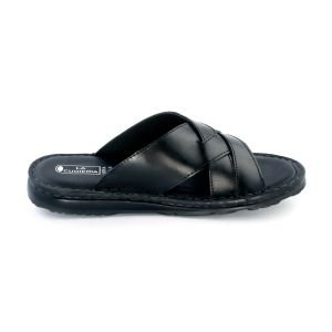LA CUOIERIA Men Cross Strap Black Leather Slipper