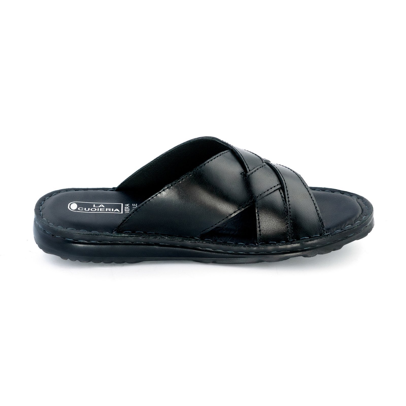 LA CUOIERIA Men Cross Strap Black Leather Slipper