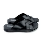 LA CUOIERIA Men Cross Strap Black Leather Slipper