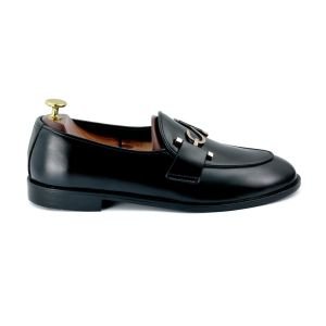 OXBOK Men Gold Hook Buckle Black Loafer