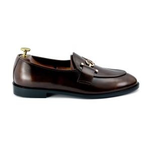 OXBOK Men Gold Hook Buckle Brown Loafer