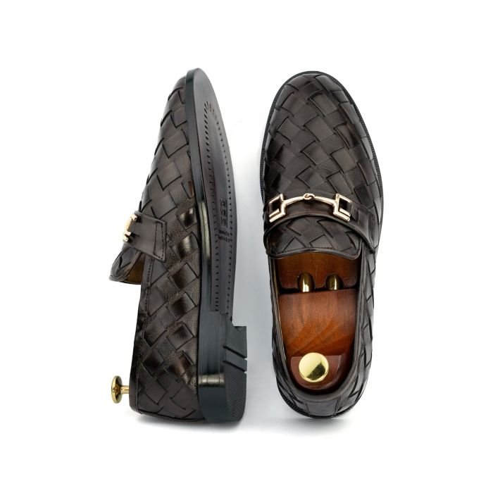 OXBOK Men Hand Woven Dark Brown Leather Loafer