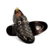 OXBOK Men Hand Woven Dark Brown Leather Loafer