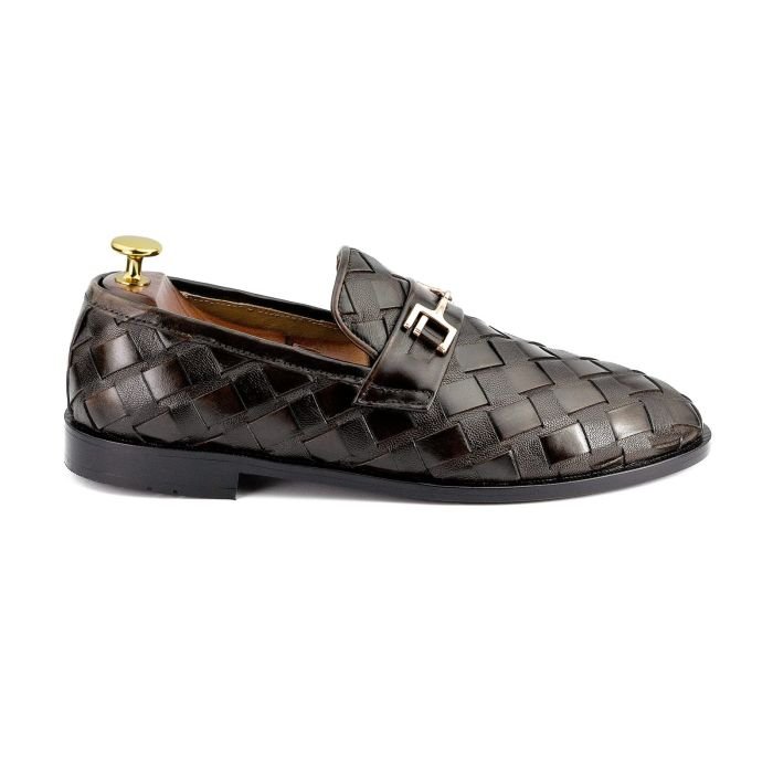 OXBOK Men Hand Woven Dark Brown Leather Loafer